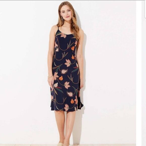 LOFT Floral smocked back Strappy Midi Dress - Picture 1 of 8